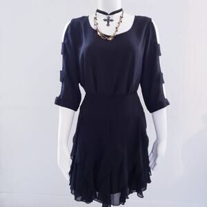 IZ Byer Women's Black Blouse and Dots Ruffled Black Skirt Large